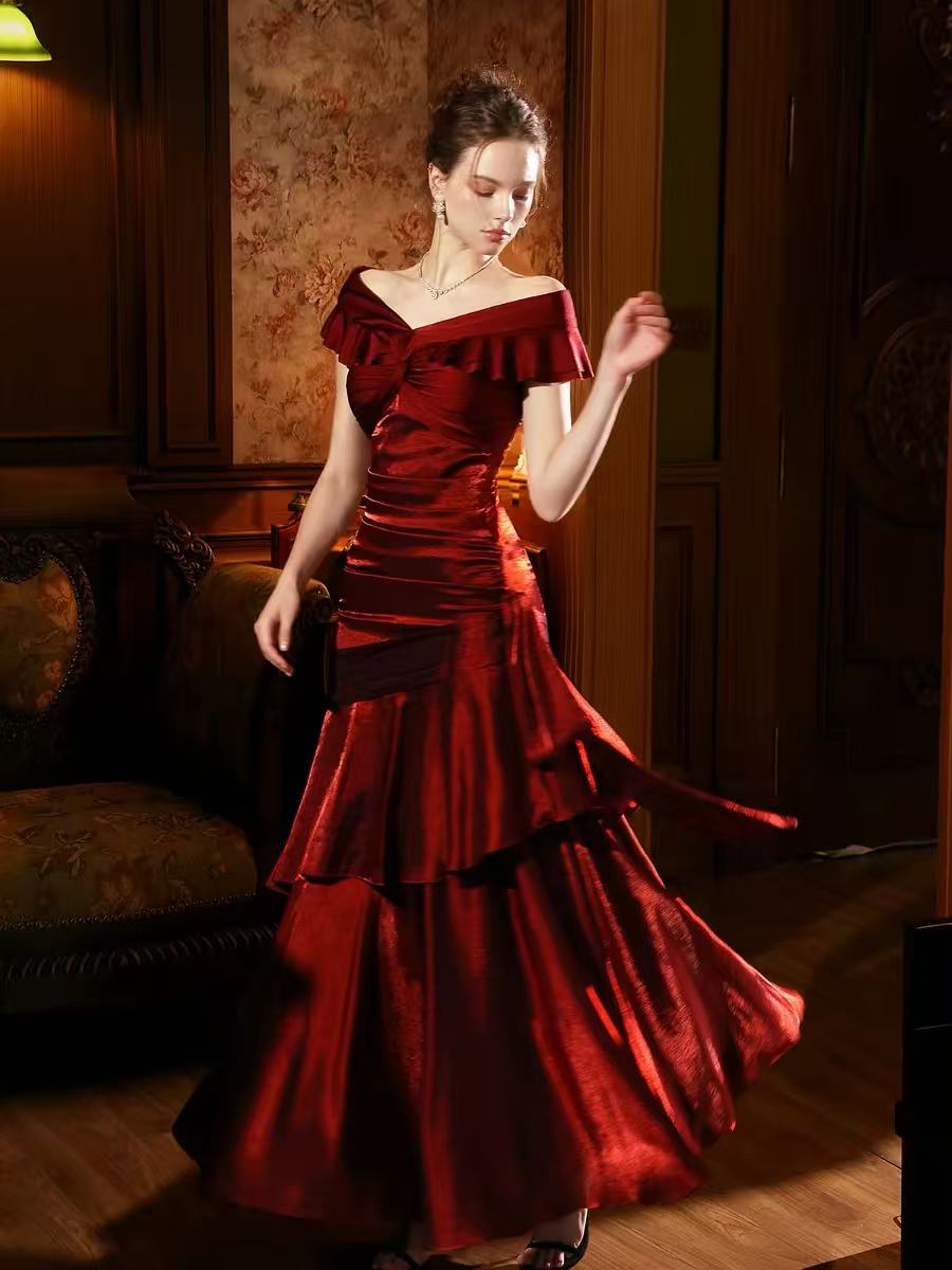 Mermaid Off Shoulder Silk Burgundy Long Formal Dress with Ruffles