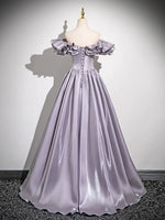 A-Line Off Shoulder Satin Gray Long Prom Dress, Gray Long Formal Dress