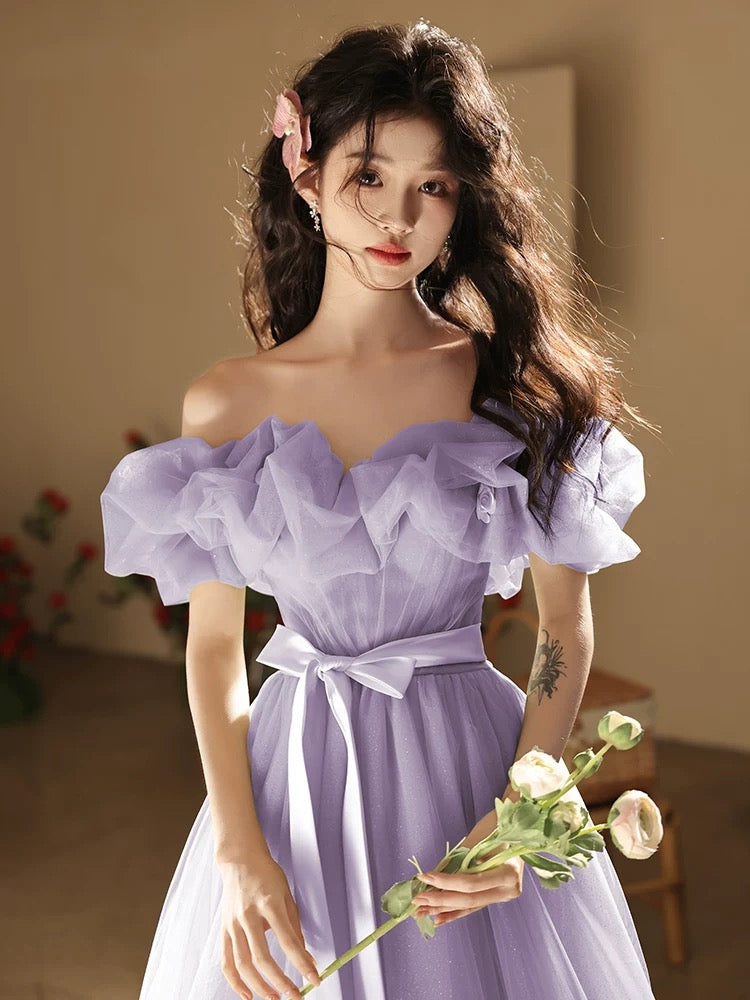 A-Line Off Shoulder Tulle Purple Long Prom Dress, Purple Long Formal Dress