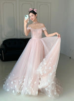 A-Line Off Shoulder Tulle Flower Pink Long Prom Dress, Pink Long Evening Dress