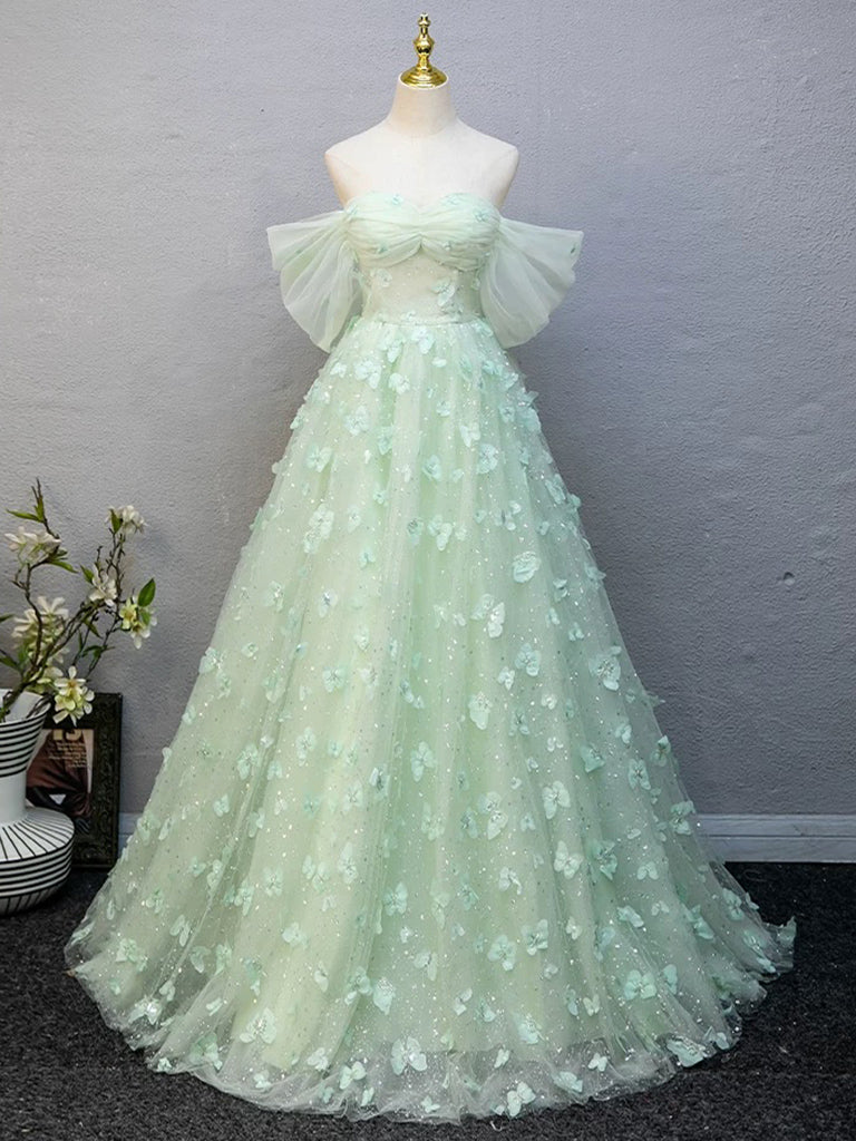 A-Line Tulle Lace Green Long Prom Dress, Green Long Formal Dress