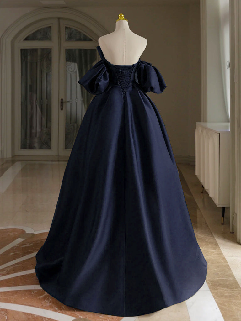 A-Line V Neck Satin Dark Blue Long Prom Dress, Dark Blue Long Formal D