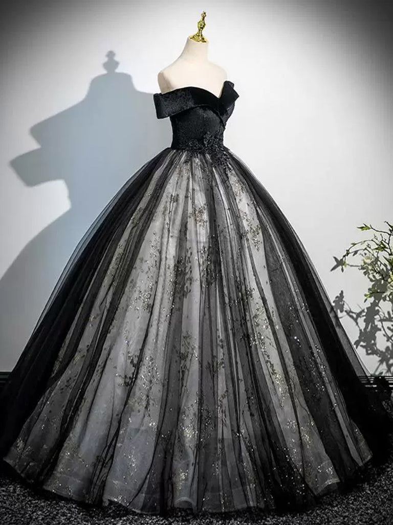 A-Line Off Shoulder Tulle Lace Black Long Prom Dress, Black Long Evening Dress