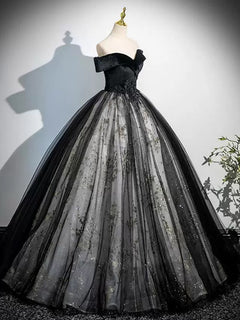 A-Line Off Shoulder Tulle Lace Black Long Prom Dress, Black Long Evening Dress