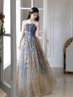 A-Line Tulle Gold/Blue Long Prom Dress, Blue Formal Evening Dress