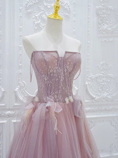 A-Line Tulle Lace Pink Long Prom Dress, Pink Tulle Lace Long Formal Dress
