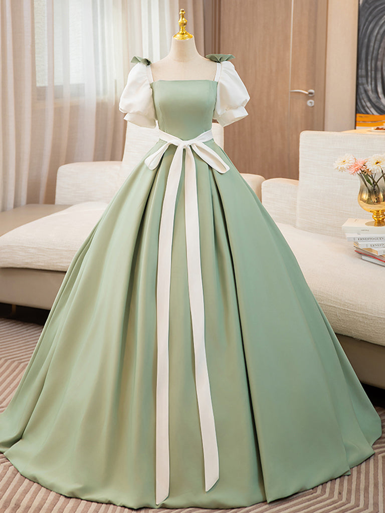 Puff  Sleeves A-line Satin Green/White Long Prom Dress, Green Long Formal Dress