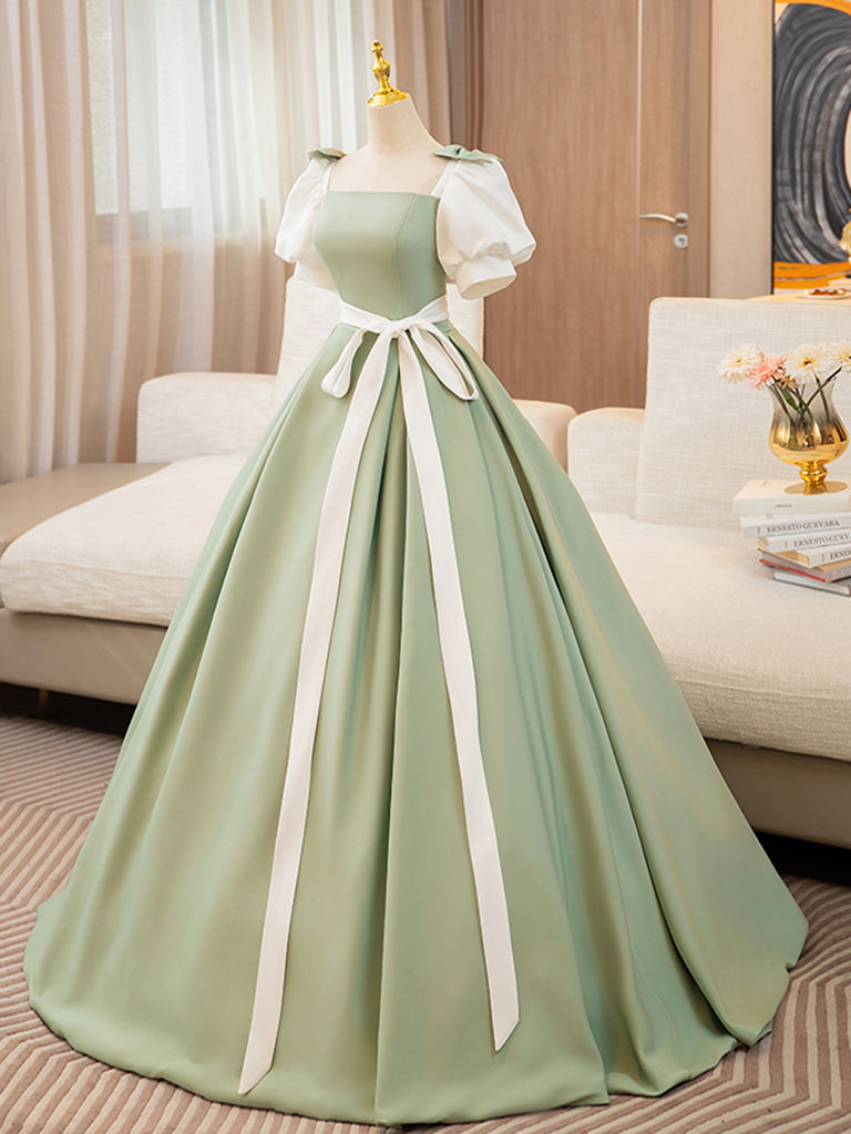 White and Green Satin Long Prom Dress, A-Line Short Sleeve Evening Party Dress US 4 / White and Green White and Green Satin Long Prom Dress, A-Line Short Sleeve Evening Party Dress US 4 / White and Green