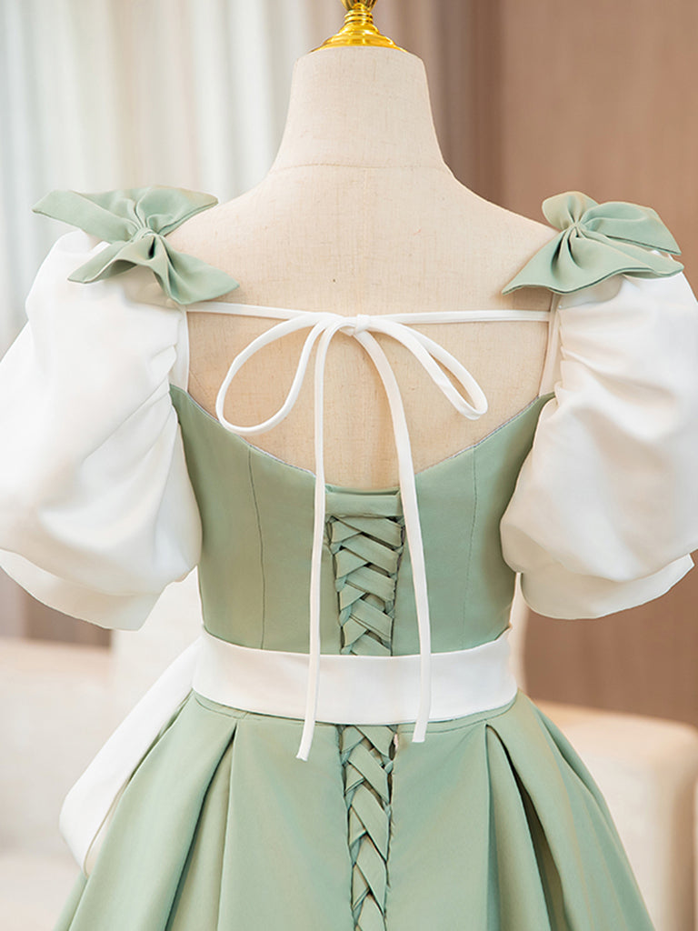 White and Green Satin Long Prom Dress, A-Line Short Sleeve Evening Party Dress US 4 / White and Green White and Green Satin Long Prom Dress, A-Line Short Sleeve Evening Party Dress US 4 / White and Green