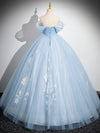 A-Line Tulle Lace Blue Long Prom Dress, Off Shoulder Blue Long Sweet 16 Dress