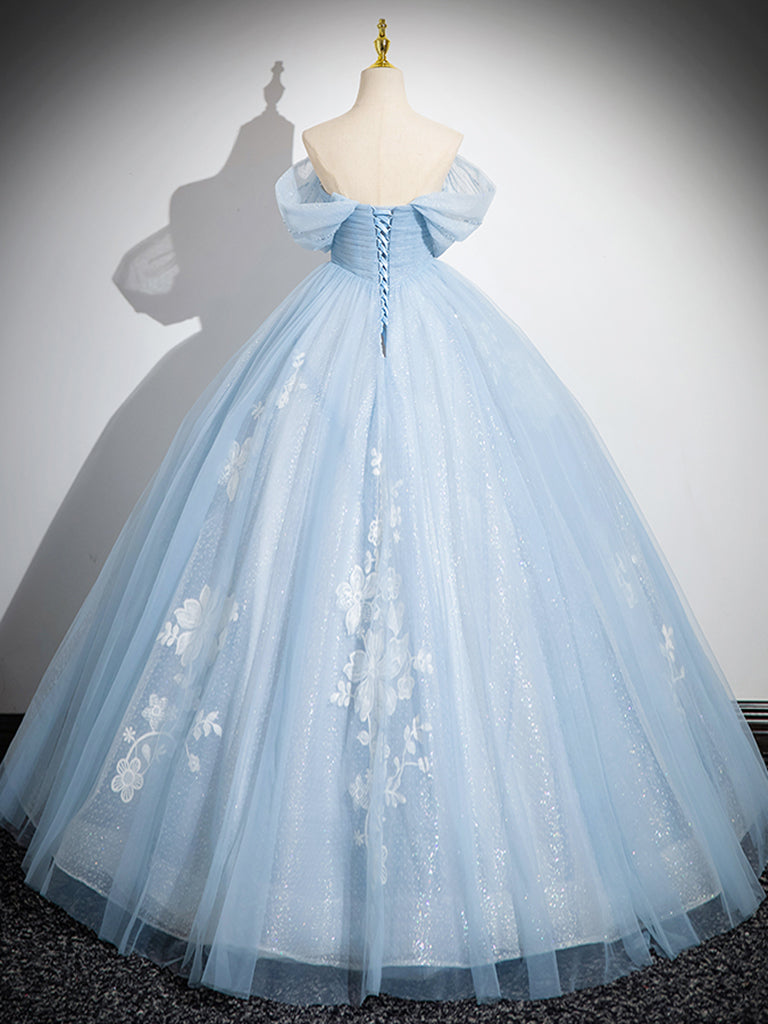 A-Line Tulle Lace Blue Long Prom Dress, Off Shoulder Blue Long Sweet 16 Dress