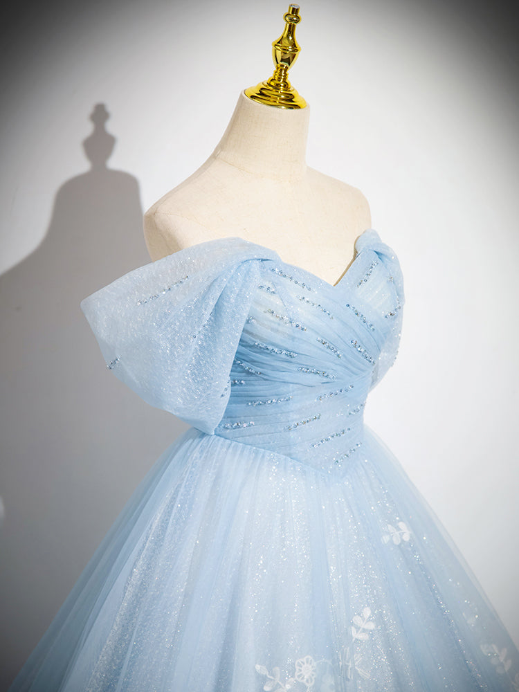 A-Line Tulle Lace Blue Long Prom Dress Off Shoulder Sky Blue Dress Sky Blue / 16 A-Line Tulle Lace Blue Long Prom Dress Off Shoulder Sky Blue Dress Sky Blue / 16