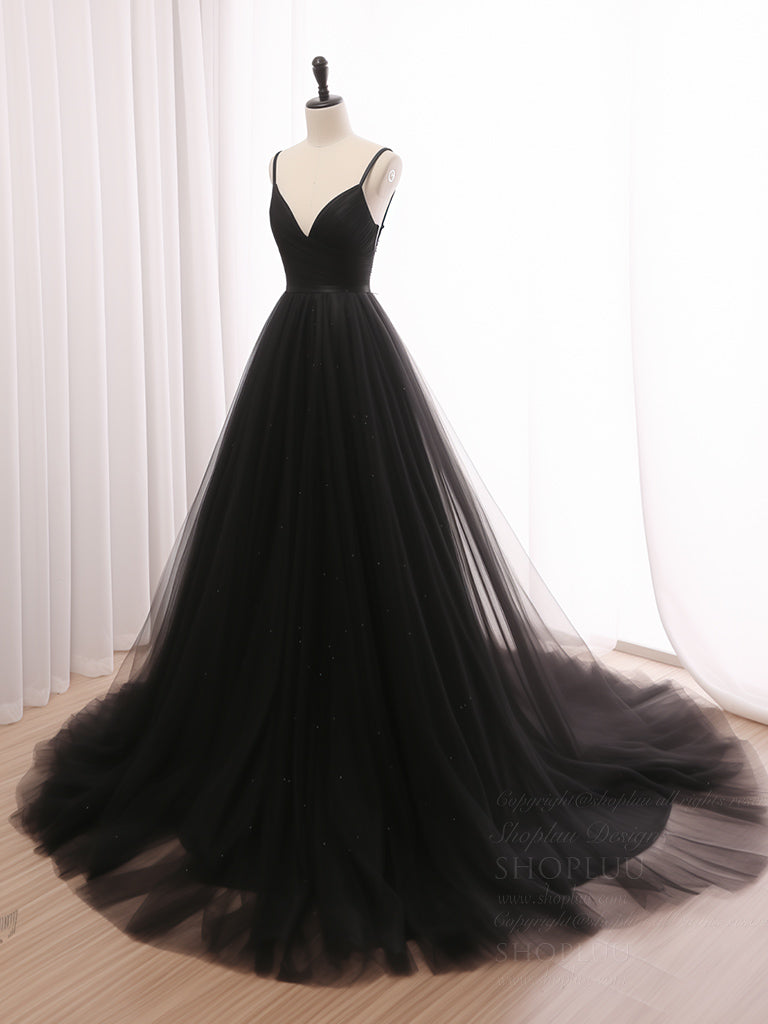 A-Line V Neck Tulle Black Long Prom Dress, Black Long Formal Dress ...