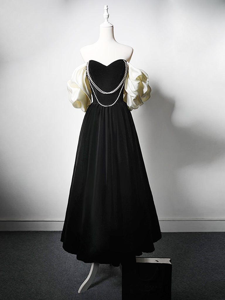 A-Line Velvet Tea Length Black Prom Dress, Tea Length Black Formal Dress