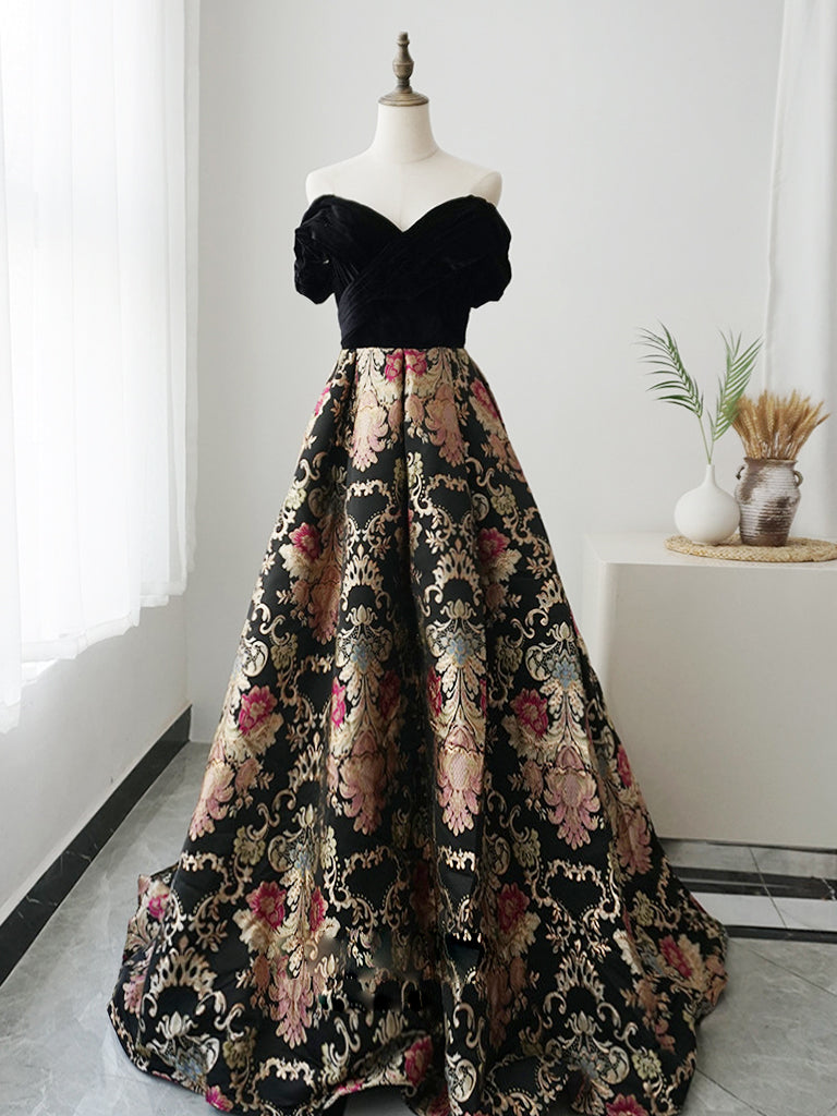 A-Line Sweetheart Neck Satin Black Long Prom Dress, Black Formal Dress