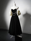 A-Line Velvet Tea Length Black Prom Dress, Tea Length Black Formal Dress