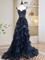 A-Line Tulle Sequin Dark Blue Long Prom Dress, Dark Blue Sequin Long Formal Dress