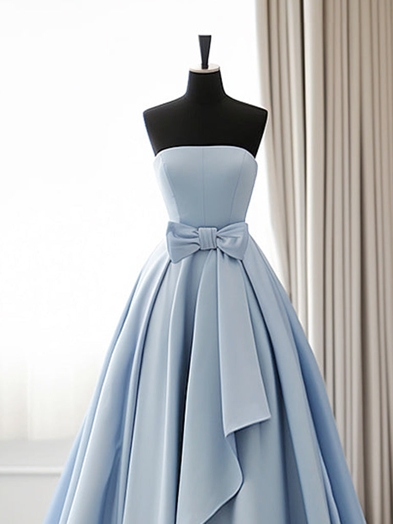 A-Line Blue Satin Long Prom Dress, Simple Satin Long Formal Dress