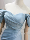 Mermaid Off Shoulder Satin Blue Long Prom Dress, Blue Long Evening Dress