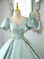 A-Line Satin Lace Applique Green Long Prom Dress, Green Long Formal Dress