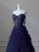 A-Line Sweetheart Neck Tulle Dark Blue Long Prom Dress, Dark Blue Long Graduation Dress with Beads