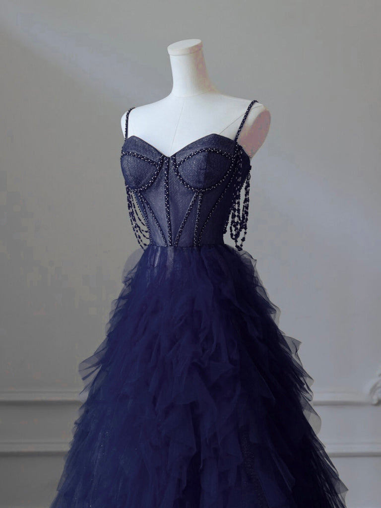 A-Line Sweetheart Neck Tulle Dark Blue Long Prom Dress, Dark Blue Long Graduation Dress with Beads US 16 / Custom Color A-Line Sweetheart Neck Tulle Dark Blue Long Prom Dress, Dark Blue Long Graduation Dress with Beads US 16 / Custom Color