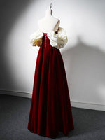 Burgundy A-Line Off Shoulder Velvet Lace Long Prom Dress, Burgundy Long Formal Dress