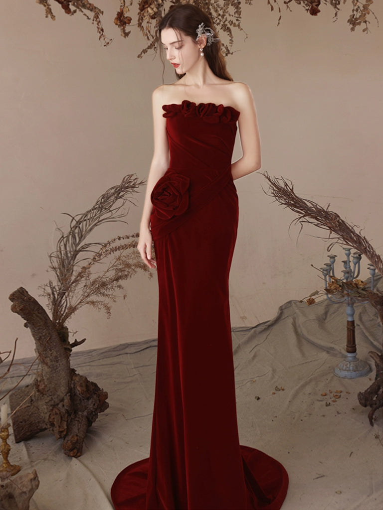 Unique Mermaid Velvet Burgundy Long Prom Dress, Burgundy Evening Dress