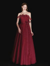 A-Line Tulle Beads Burgundy Long Prom Dress, Burgundy Long Evening Dress