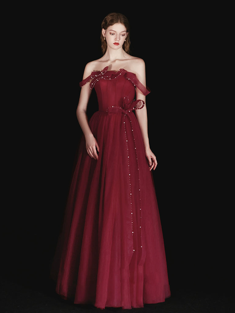 A-Line Tulle Beads Burgundy Long Prom Dress, Burgundy Long Evening Dress