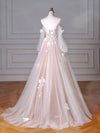 A-Line Sweetheart Neck Long Sleeve Lace Tulle Light Champagne Long Prom Dress