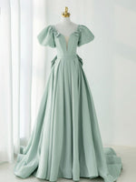 A-Line Puff Sleeves Green Long Prom Dress, Green Formal Dress