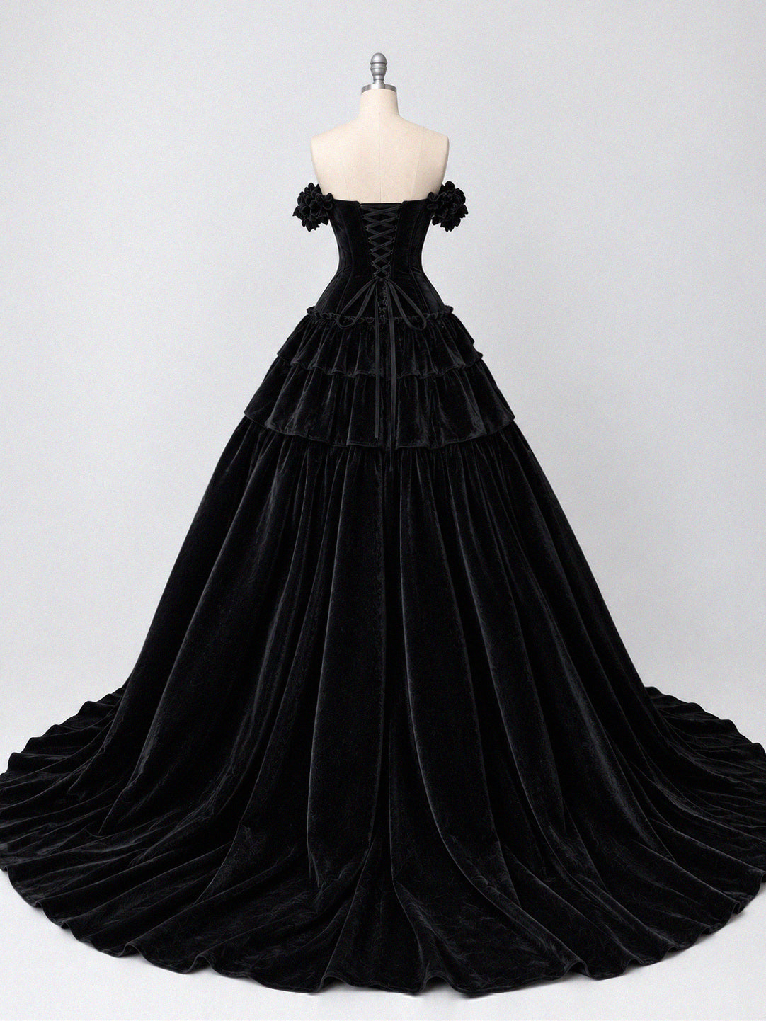 A-line Off Shoulder Sweep Train Velvet Black Long Prom Dress with Flowers