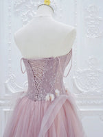 A-Line Tulle Lace Pink Long Prom Dress, Pink Tulle Lace Long Formal Dress