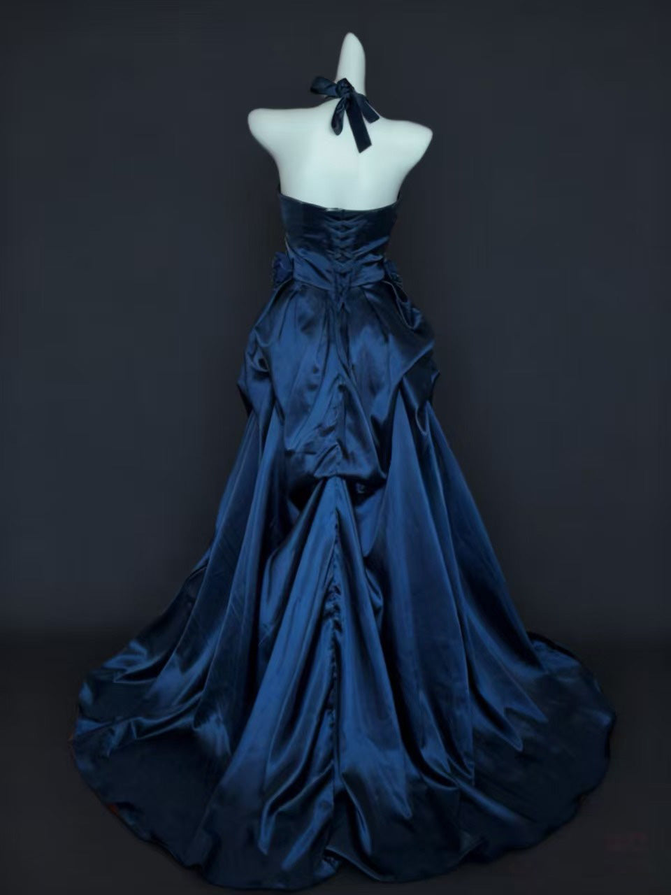 Elegant A-line Satin Dark Blue Long Prom Dress