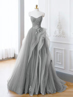 Gray Tulle Long Prom Dresses