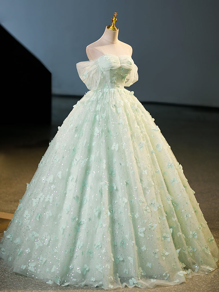 Green Tulle A-Line Lace Long Prom Dress, Green Lace Long Sweet 16 Dress