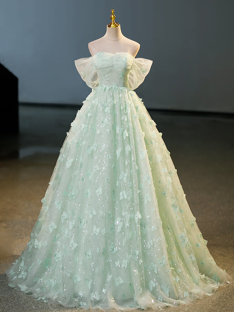 Green Tulle A-Line Lace Long Prom Dress, Green Lace Long Sweet 16 Dress