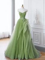 Green A-Line Off Shoulder Long Prom Dress, Green Lace Long Evening Dress