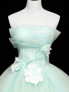 Green Tulle Lace Applique Long Prom Dresses, Green Sweet 16 Dresses