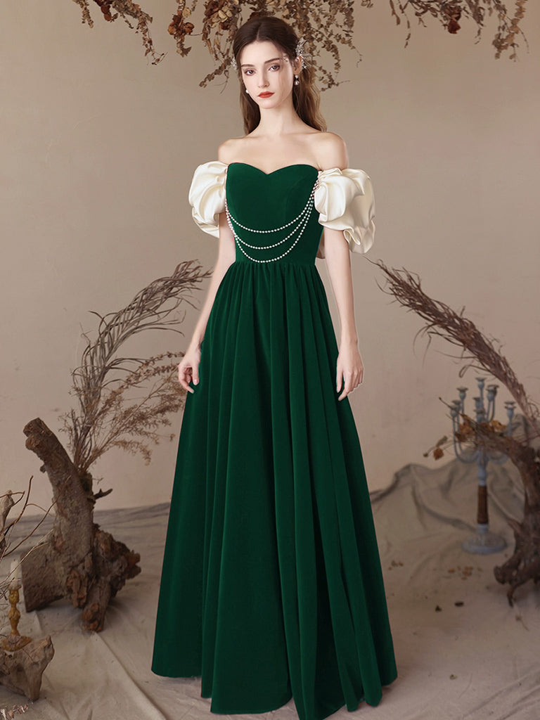 A-Line Sweetheart Neck Velvet Green Long Prom Dress, Green Long Formal – shopluu