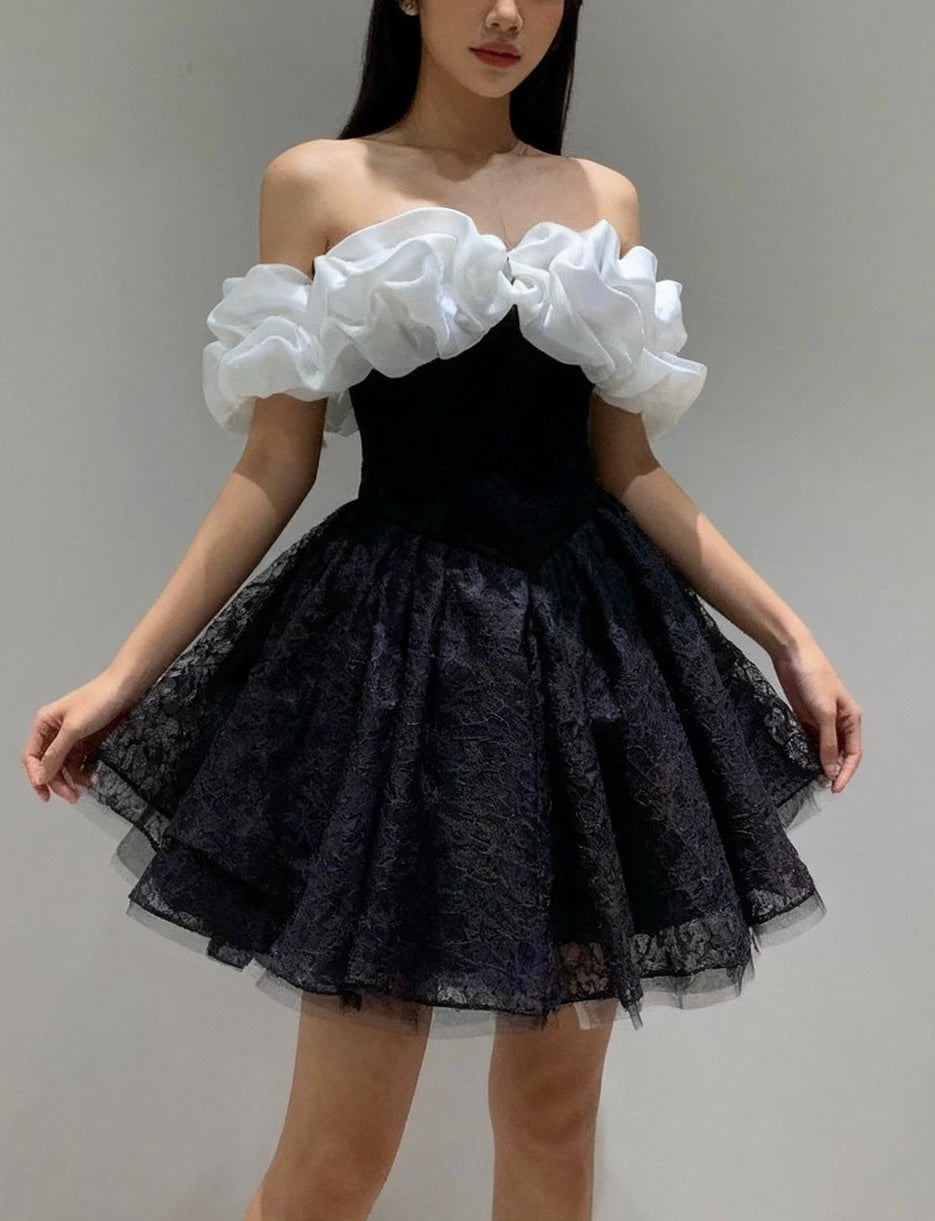 A-Line Off Shoulder Tulle Lace Mini Black Short Prom Dress