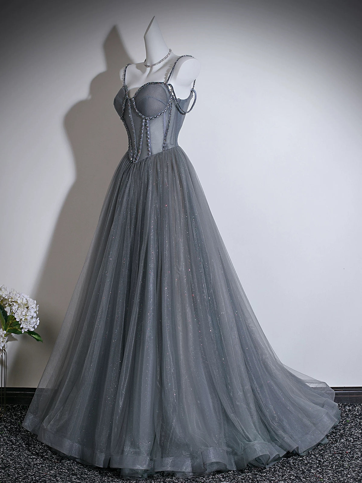 A-line Sweetheart Neck Tulle Gray Long Prom Dress with Beads