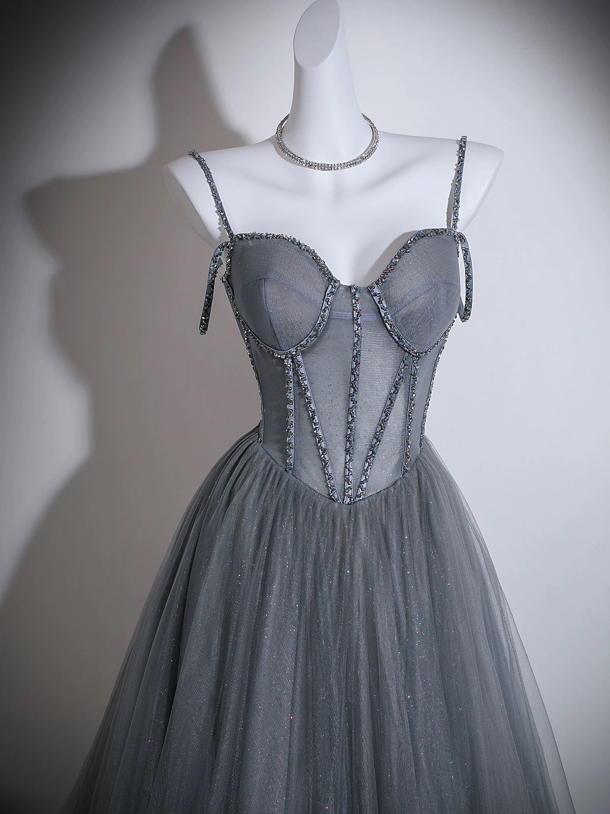 A-line Sweetheart Neck Tulle Gray Long Prom Dress with Beads