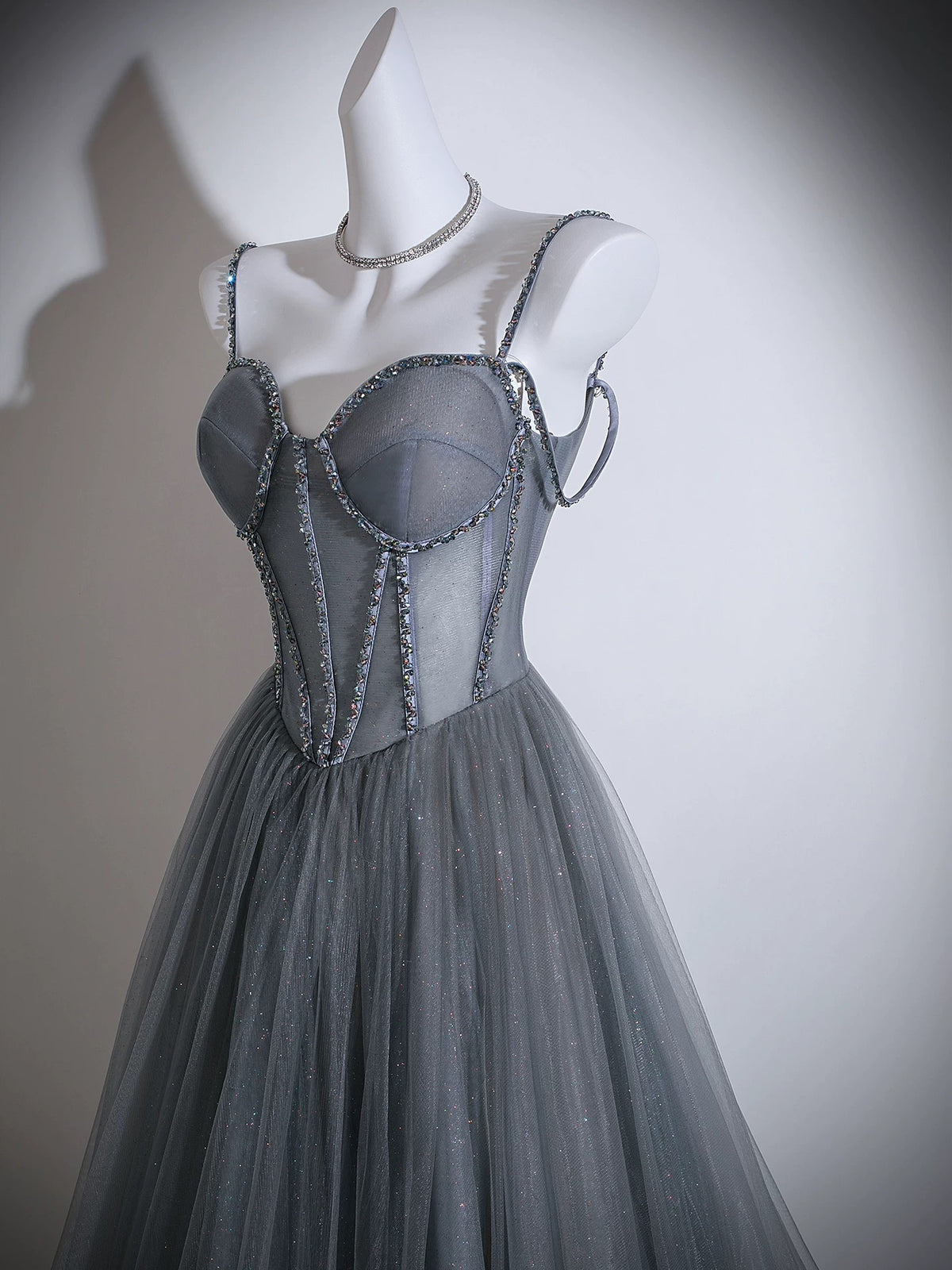 A-line Sweetheart Neck Tulle Gray Long Prom Dress with Beads