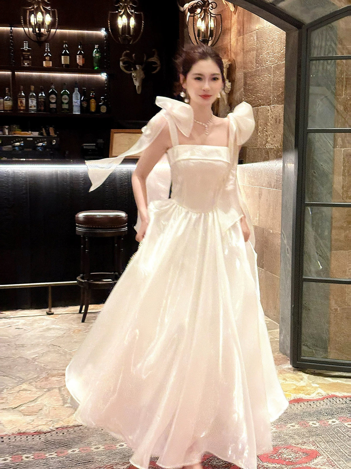 A-Line Floor Length White Prom Dress With Bow Tie