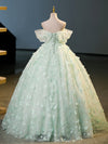 Green Tulle A-Line Lace Long Prom Dress, Green Lace Long Sweet 16 Dress