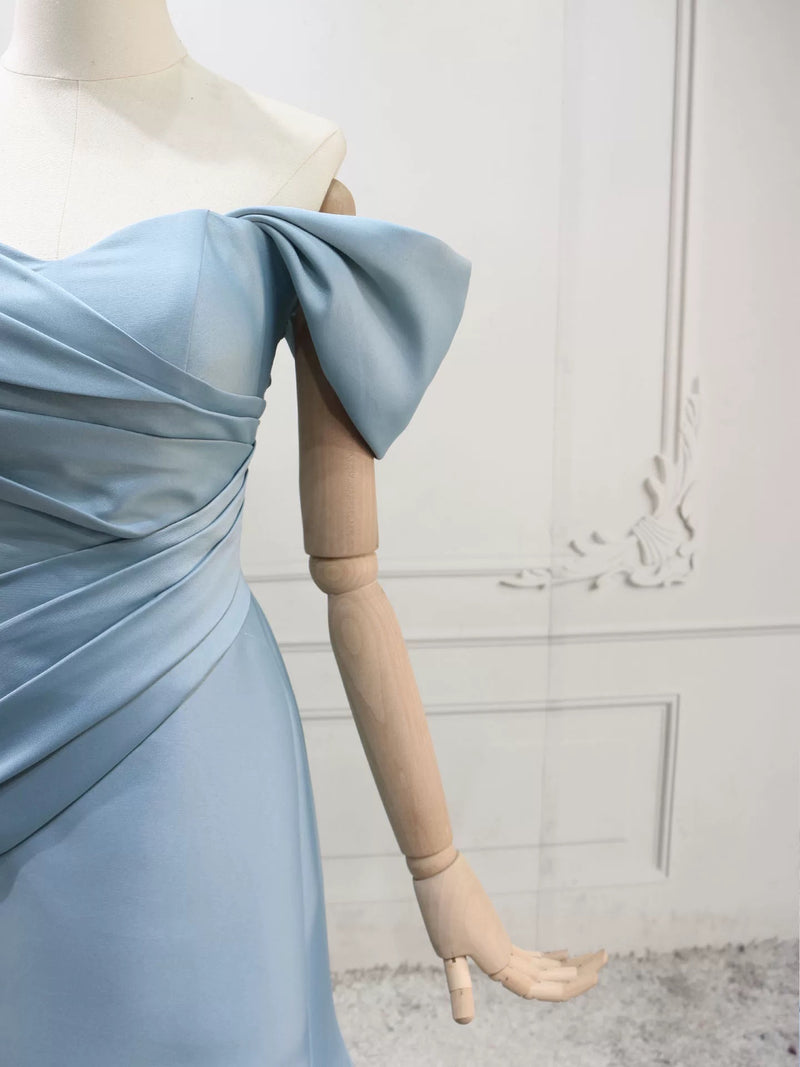 Mermaid Off Shoulder Satin Blue Long Prom Dress, Blue Long Evening Dress