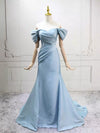 Mermaid Off Shoulder Satin Blue Long Prom Dress, Blue Long Evening Dress