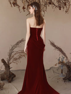 Unique Mermaid Velvet Burgundy Long Prom Dress, Burgundy Evening Dress